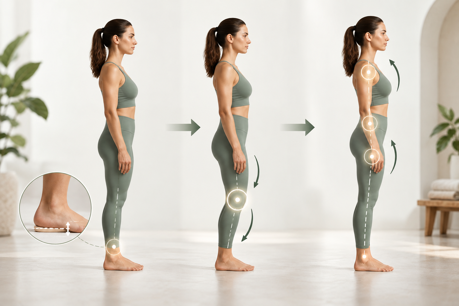 Educational illustration showing how heel height can affect ankles, knees, and posture